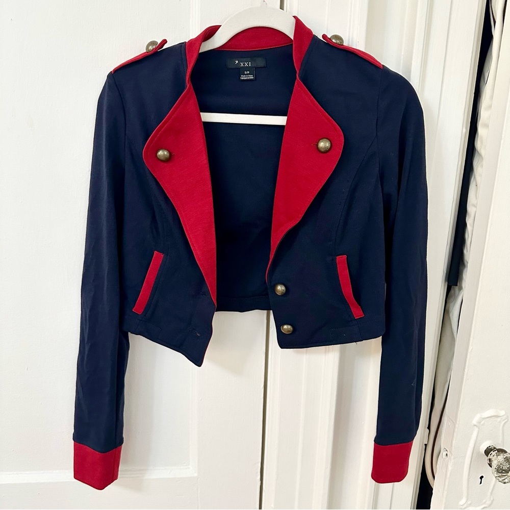 Red and Navy Blue Military Crop Jacket - Size: S